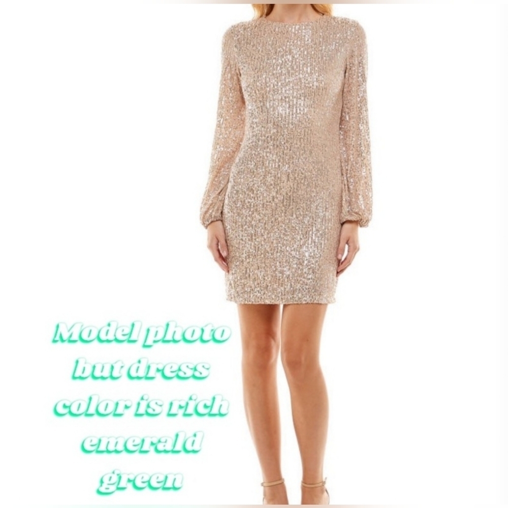 Premier Amour Long Sleeve Green Sequin Sheath Dress